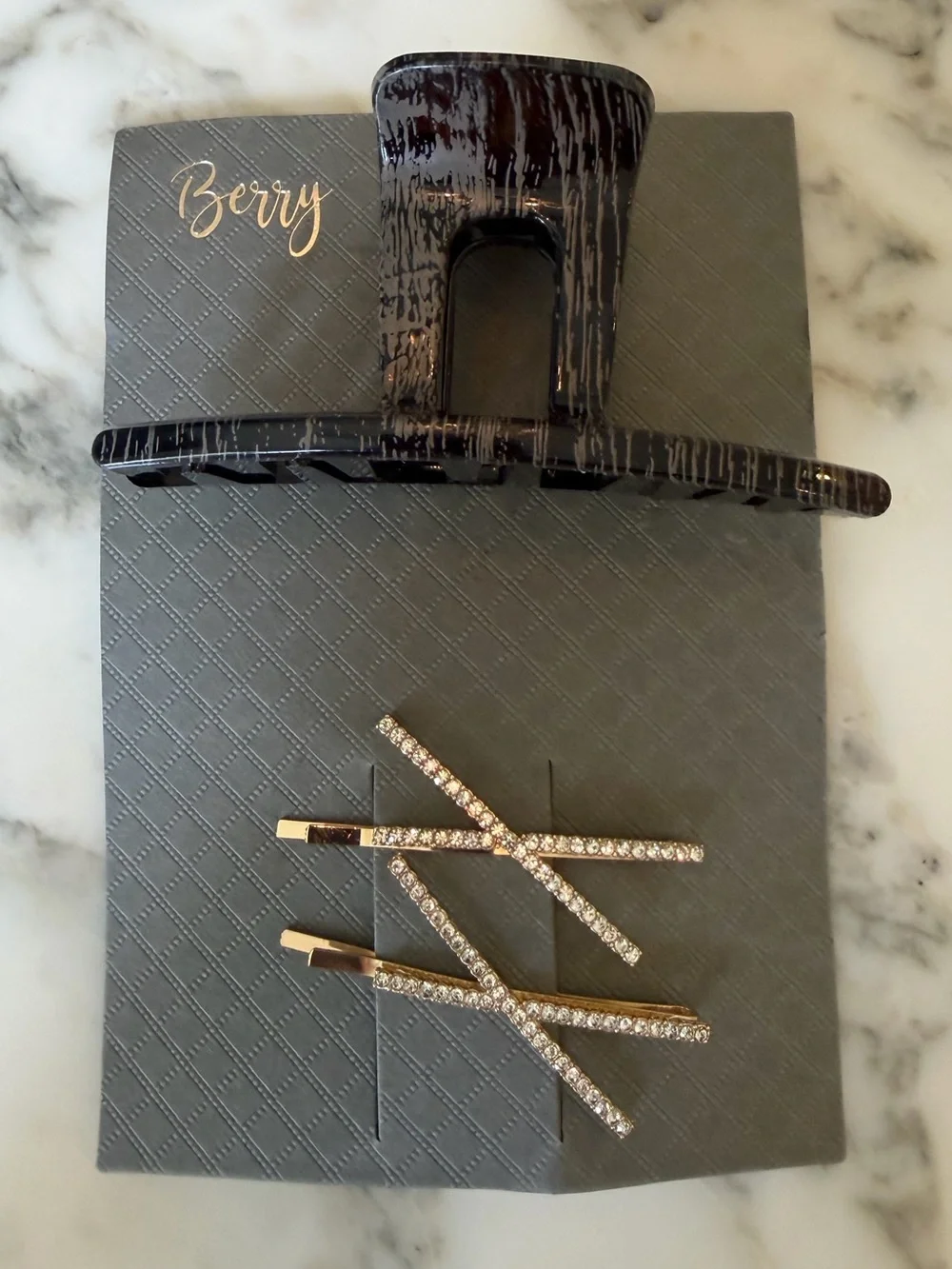 NWT Last Claw Greyish Brown Hair Claw Clip & Gold Rhinestone Bobby Pin Set 4”